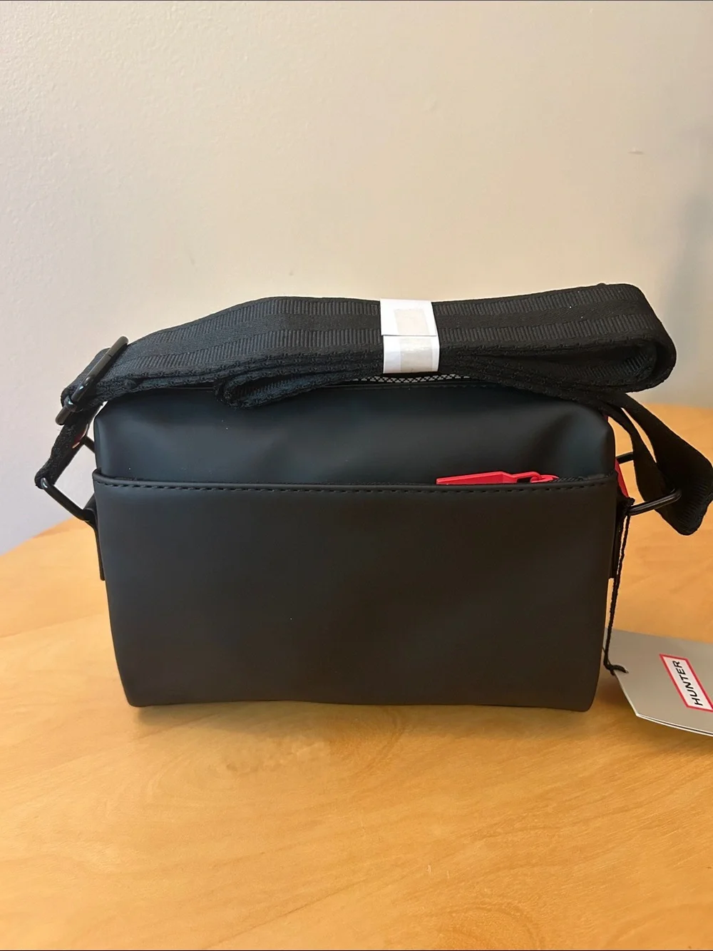 Hunter Black Crossbody Messenger Bag with Red Logo Accents